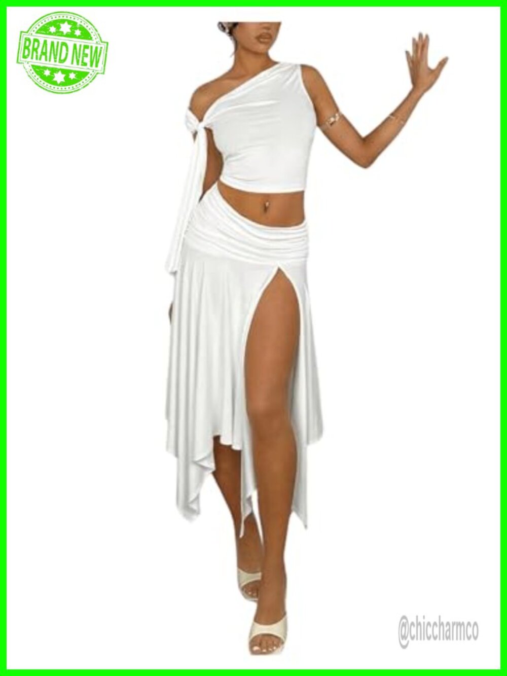 WDIRARA Women's 2-Piece One-Shoulder Knotted Top & Ruffle Hem Slit Midi Skirt